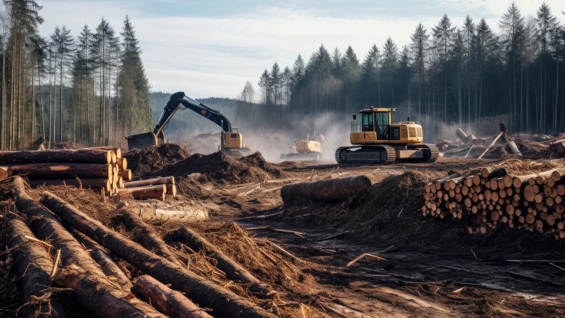 Logging operation with heavy machinery, felled trees, and a forest backdrop.