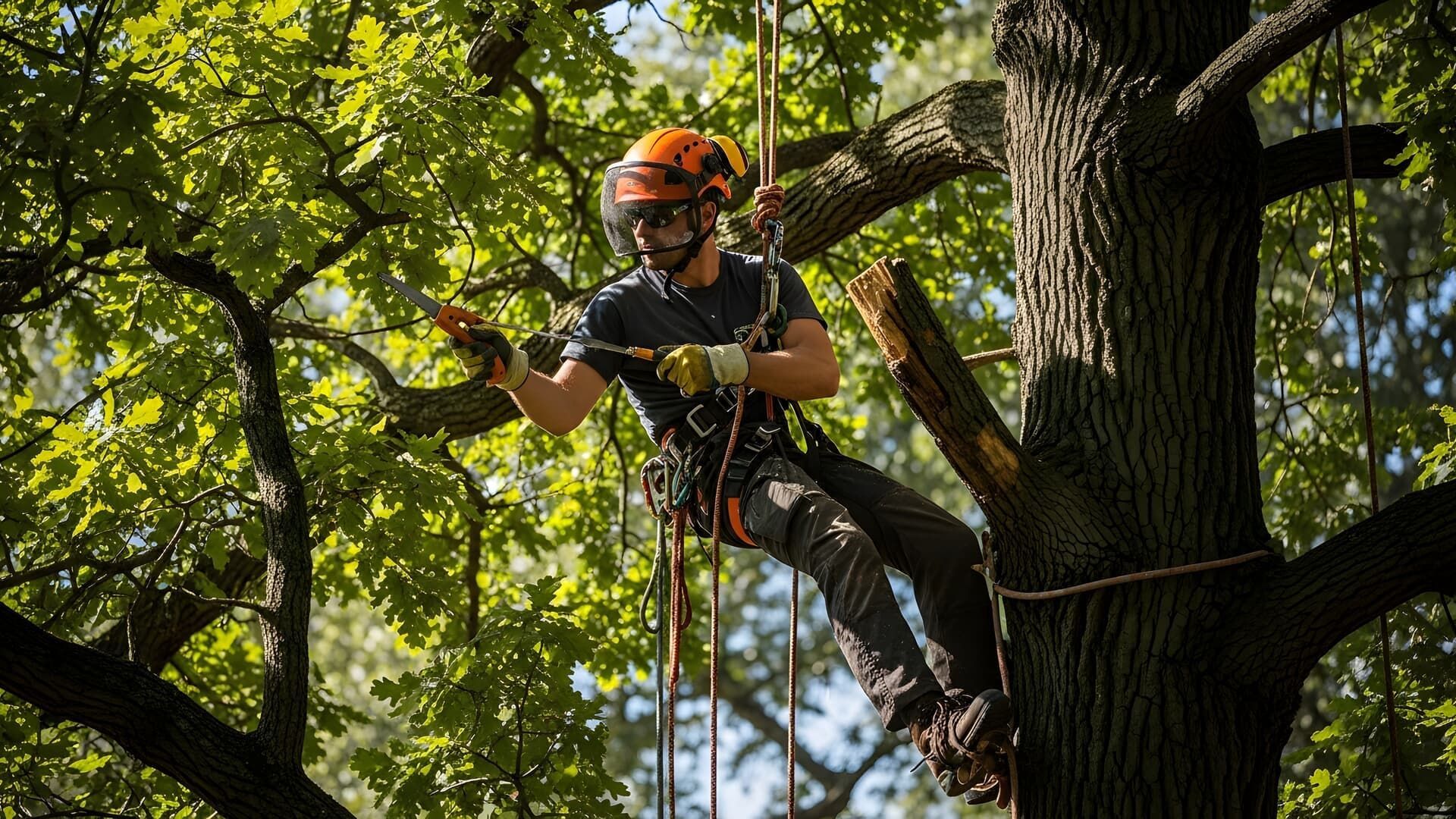 Arborist in safety gear, climbing a tree. Wearing a helmet, harness, and gloves. Sunny, outdoor setting.