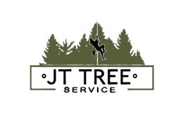 Logo for JT Tree Service: Silhouetted arborist climbing a tree, green pine trees behind, text below.
