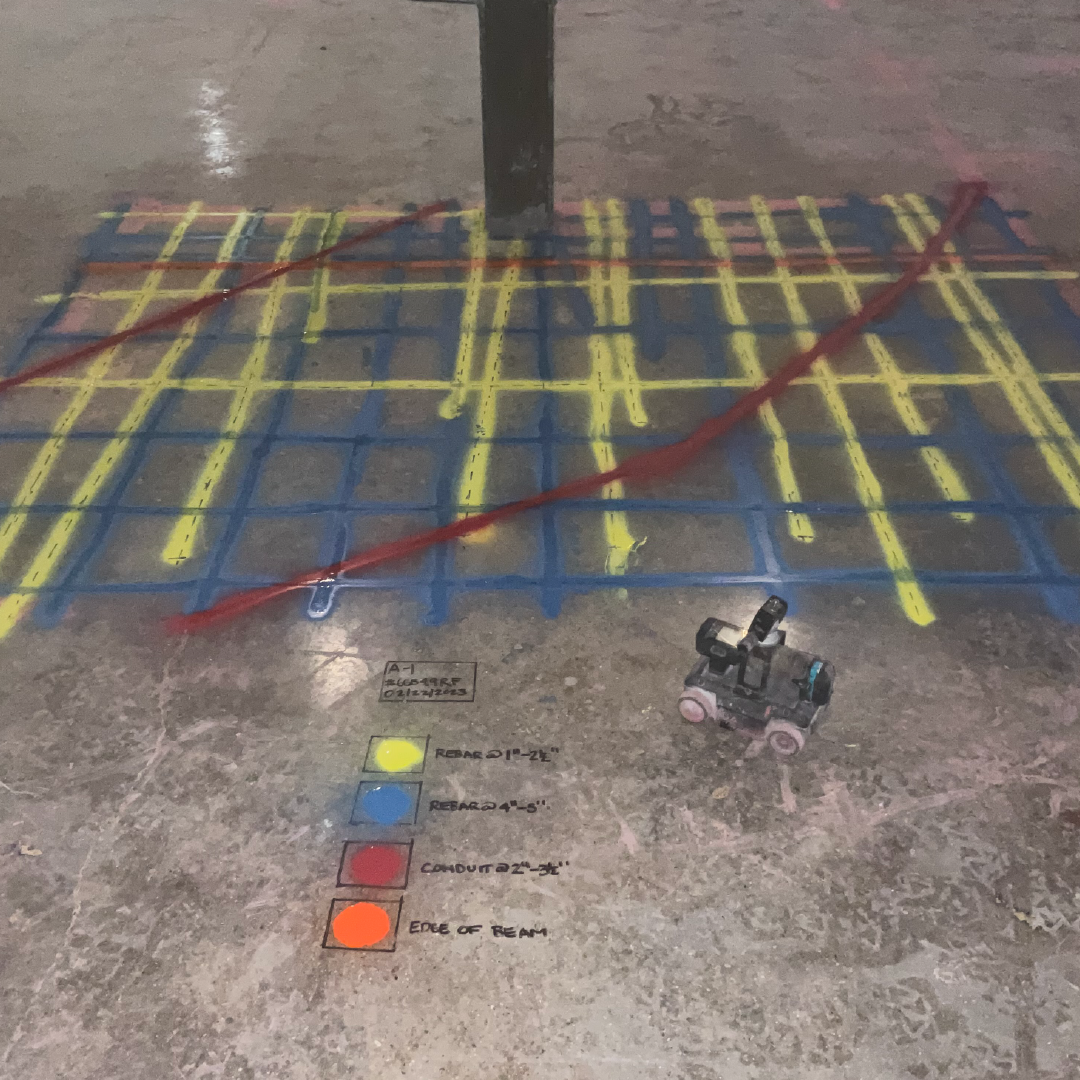 A spray painted grid of the underground utilities found with GPR scanning