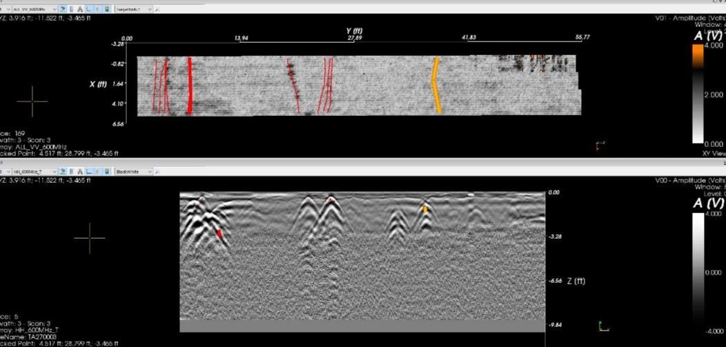 a screenshot of a concrete scan showing the trenches and voids within.
