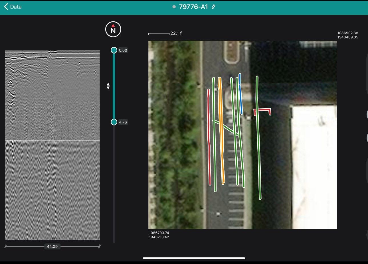 A screenshot of a GPR scan showing the private utilities identified within a slab of concrete.