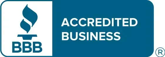 BBB Accredited Business logo with blue icon and white text on teal background