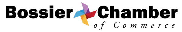 Bossier Chamber of Commerce logo with colorful pinwheel icon and black text on white background