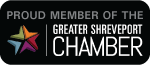 Proud member of the Greater Shreveport Chamber badge with a colorful star logo on a black background