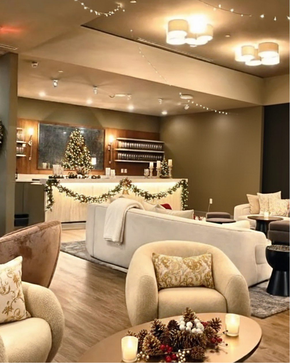 Cozy lounge decorated for the holidays: cream-colored couches and armchairs, a bar with a Christmas tree, and soft lighting.