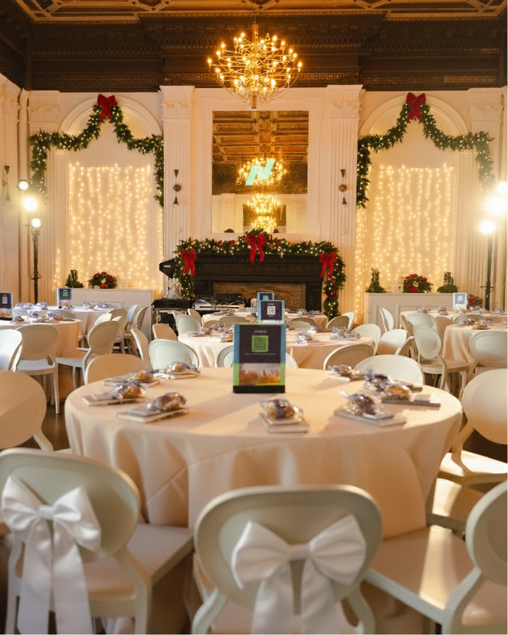 Elegant dining room decorated for Christmas, round tables set for a meal, festive garlands and lights.