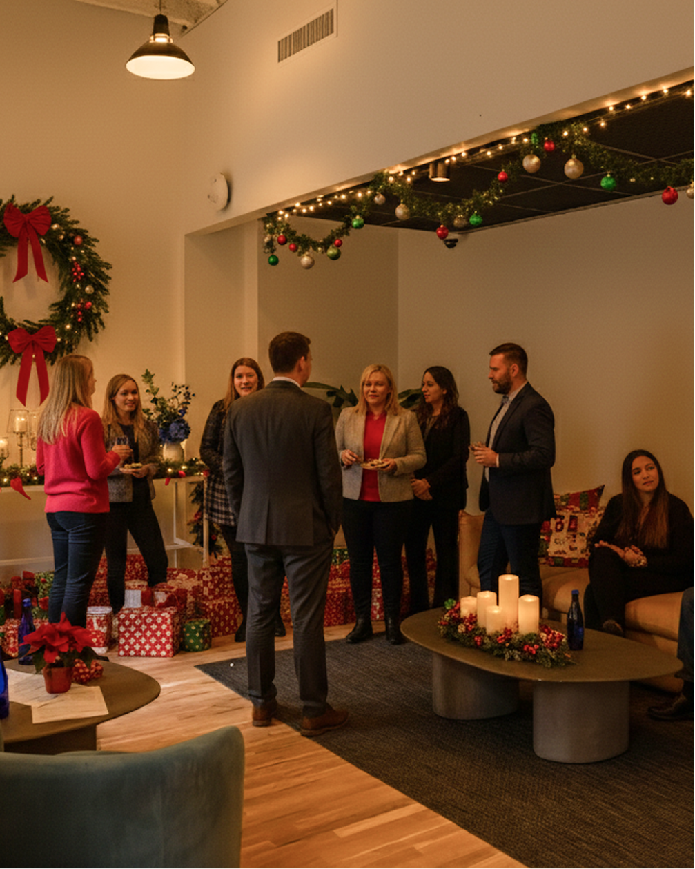 Office holiday gathering with decorated wreaths and garlands, presents, and people socializing.