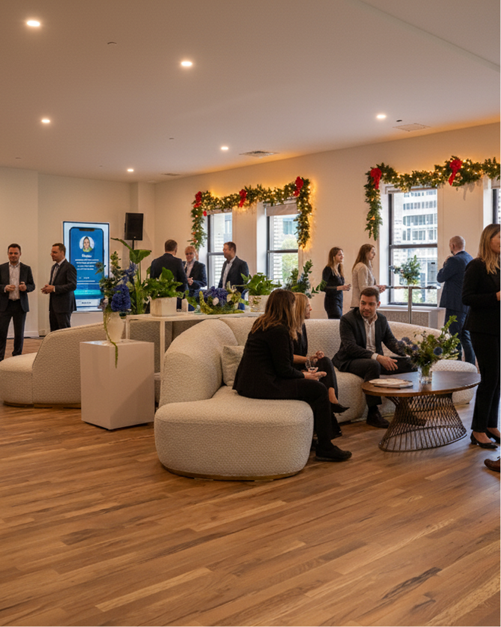 Interior event space with business people mingling; beige sectional sofa, wood floors, decorated windows.