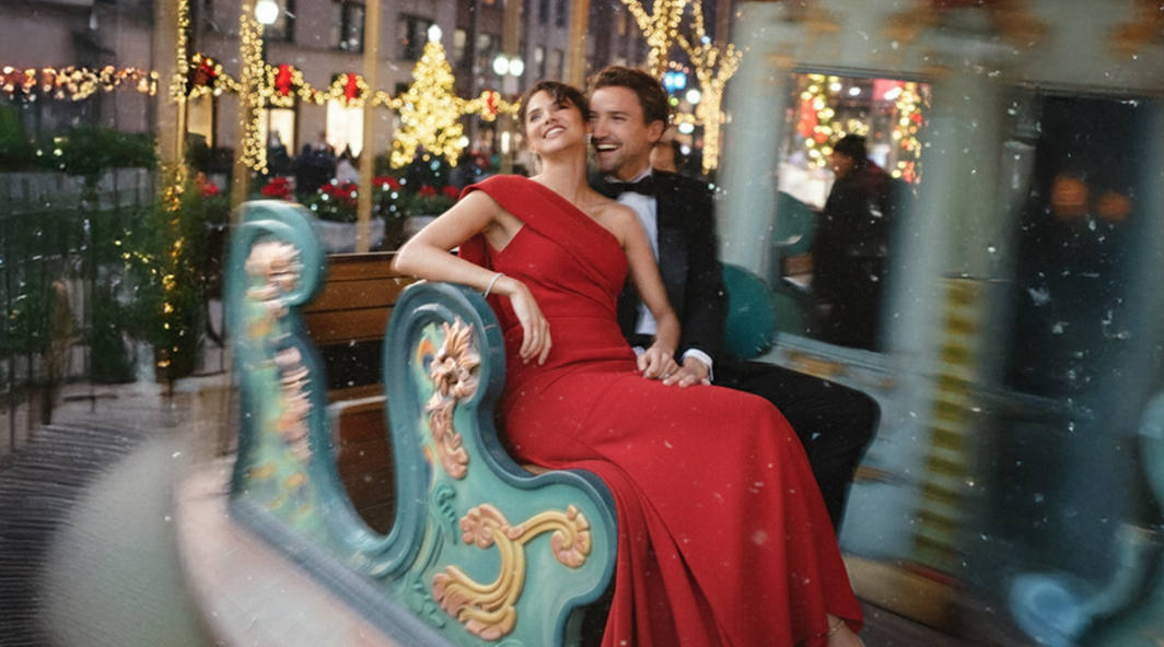 Couple in formal attire, smiling on a carousel, festive Christmas lights in the background.