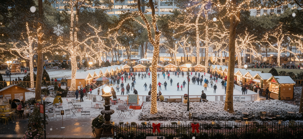 A snowy winter scene with an ice rink, small wooden stalls, and trees strung with lights.