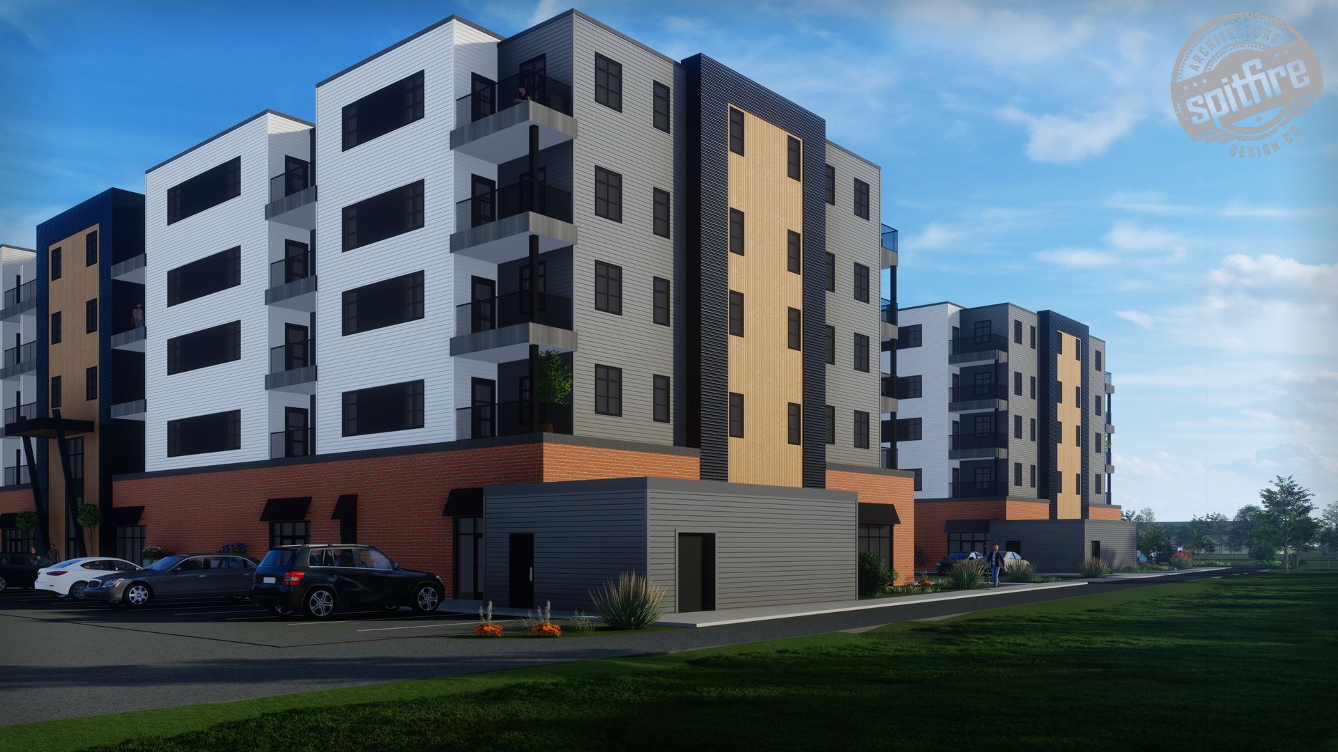 LOT 48 residential housing development in Stratford, PEI. Grey, yellow, and white facade with windows and balconies, parking lot.