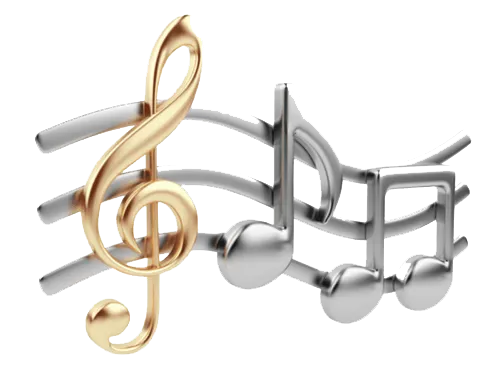 A gold treble clef symbol stands next to two silver musical notes on three curved horizontal lines.