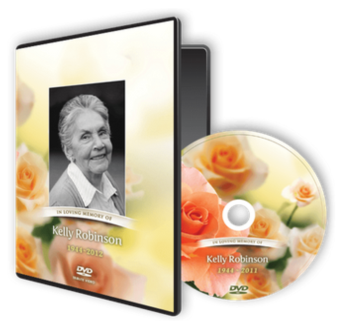 A memorial DVD case and matching disc, both featuring a portrait of an individual, rose imagery, and dates 1933–2012.