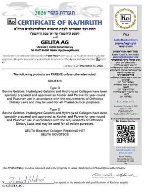 Certificate of Kashruth for GELITA AG, listing kosher products and standards.