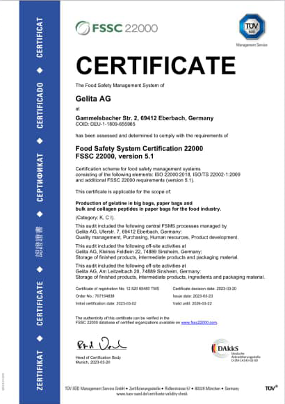 FSSC 22000 certificate of Gelita AG, a food safety management system, with official logos and information.