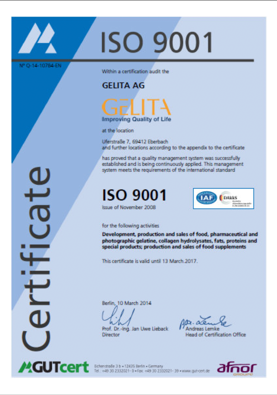 ISO 9001 certification for GELITA AG, confirming its quality management system, issued November 2020.