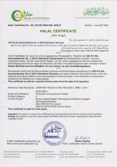 Halal certificate with green logo and Arabic text, issued by Islamic Centre Authority.