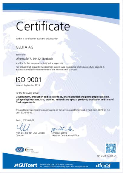 ISO 9001 certificate from DELTA AG, for food, pharmaceutical, and photographic gelatine, development, production, and sales.
