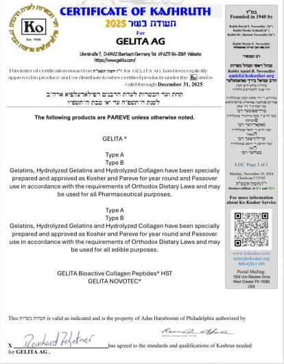 Certificate of Kashruth for GELITA AG, listing kosher products and standards.