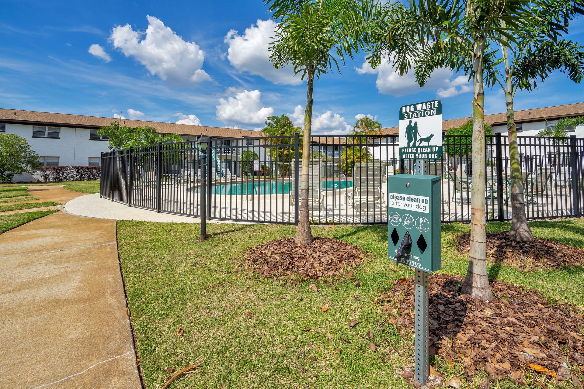A dog park is surrounded by a fence and a swimming pool.