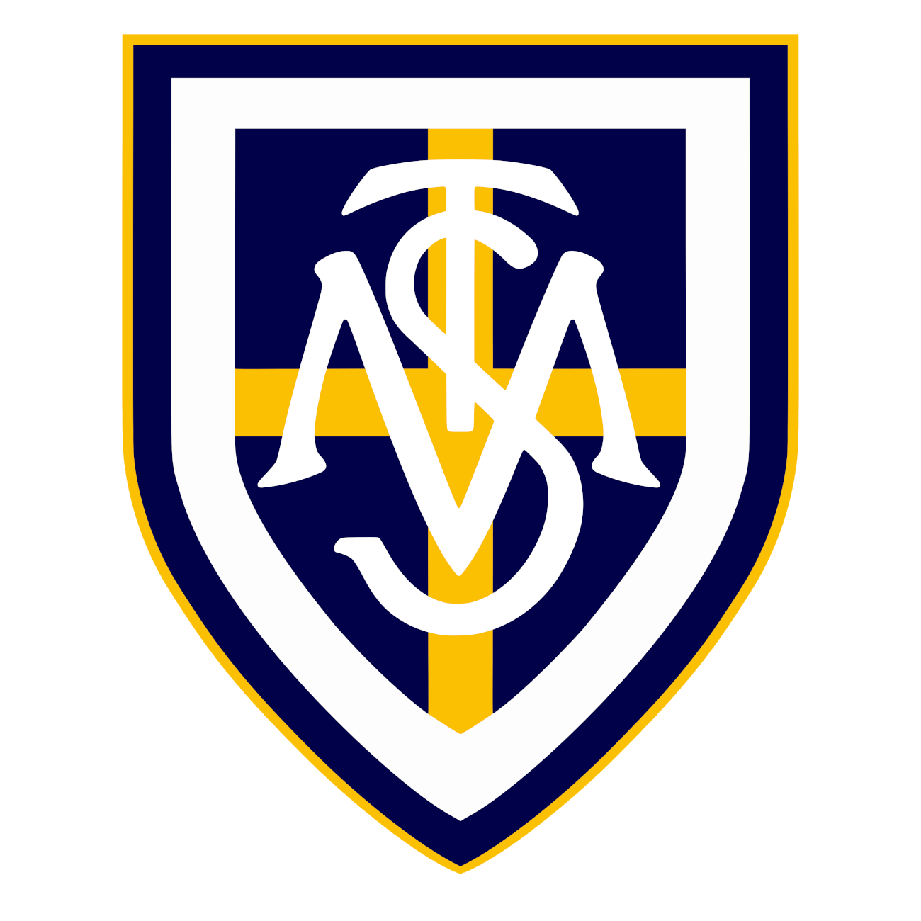 A blue and yellow shield with the letter a on it