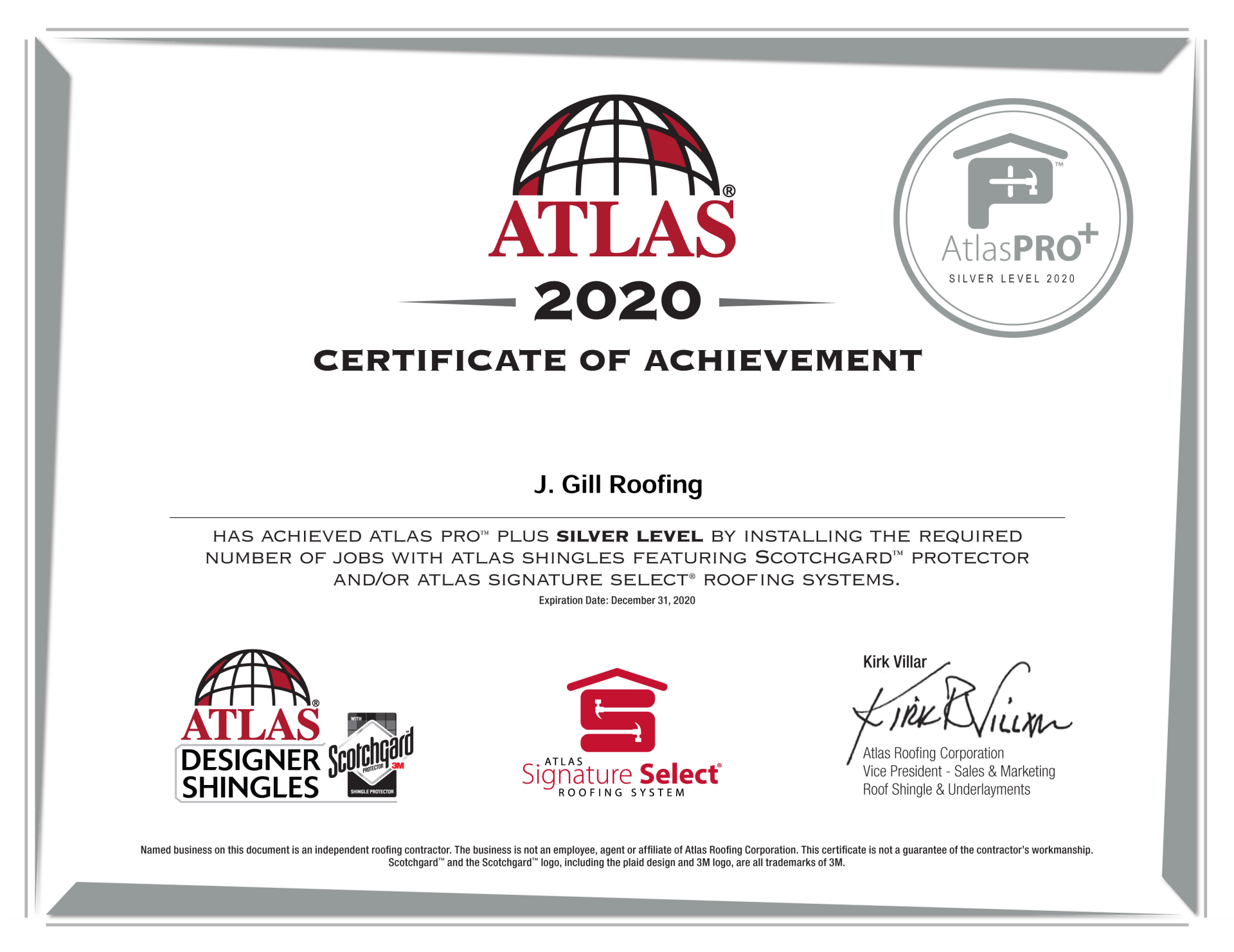 Roofing Contractor Certificate | J Gill Roofing, LLC in Cincinnati, OH