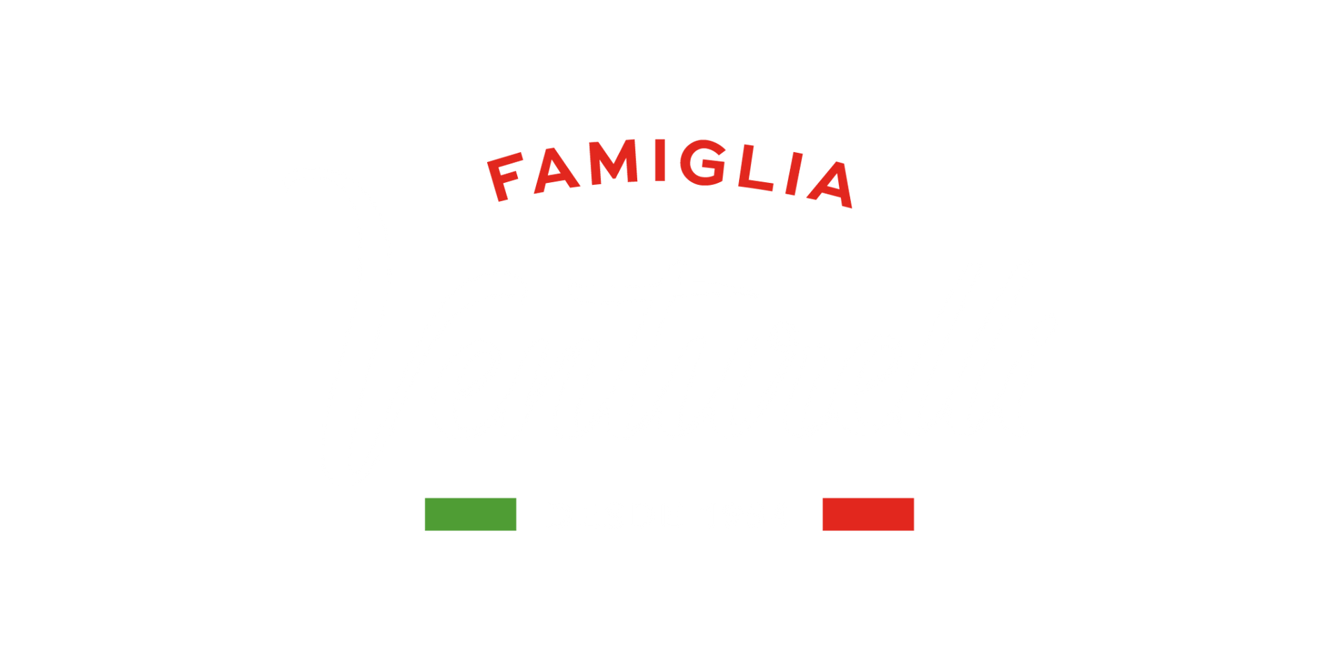 A palavra famiglia está em um fundo branco com uma faixa verde e vermelha.