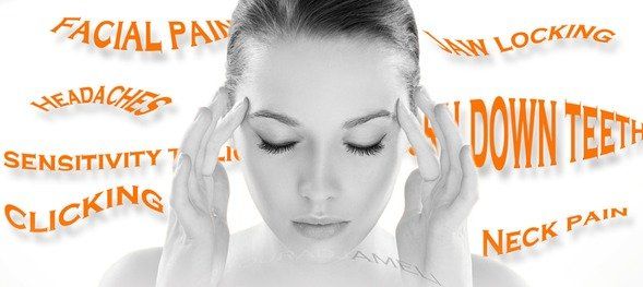 Young woman with brown hair massages her temple with her eyes closed in front of orange text detailing TMJ symptoms.