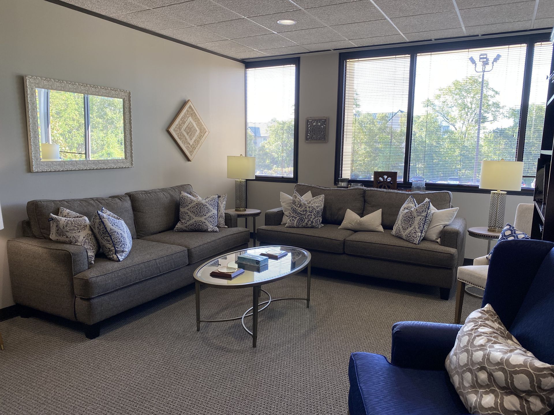 Restore TMJ lobby view, showing comfy couches and relaxing decore.