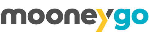 Il logo mooneygo è blu e giallo su sfondo bianco.