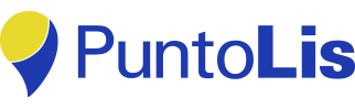 Un logo blu e giallo per puntolis con un cerchio giallo al centro.