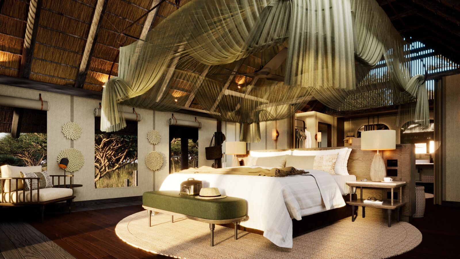 A luxurious bedroom with a king-sized bed, netted canopy, and tropical decor, featuring warm lighting and soft textures.