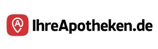 Logo mit rotem Quadrat, weißem Zeiger, „A“ und „IhreApotheken.de“-Schriftzug.