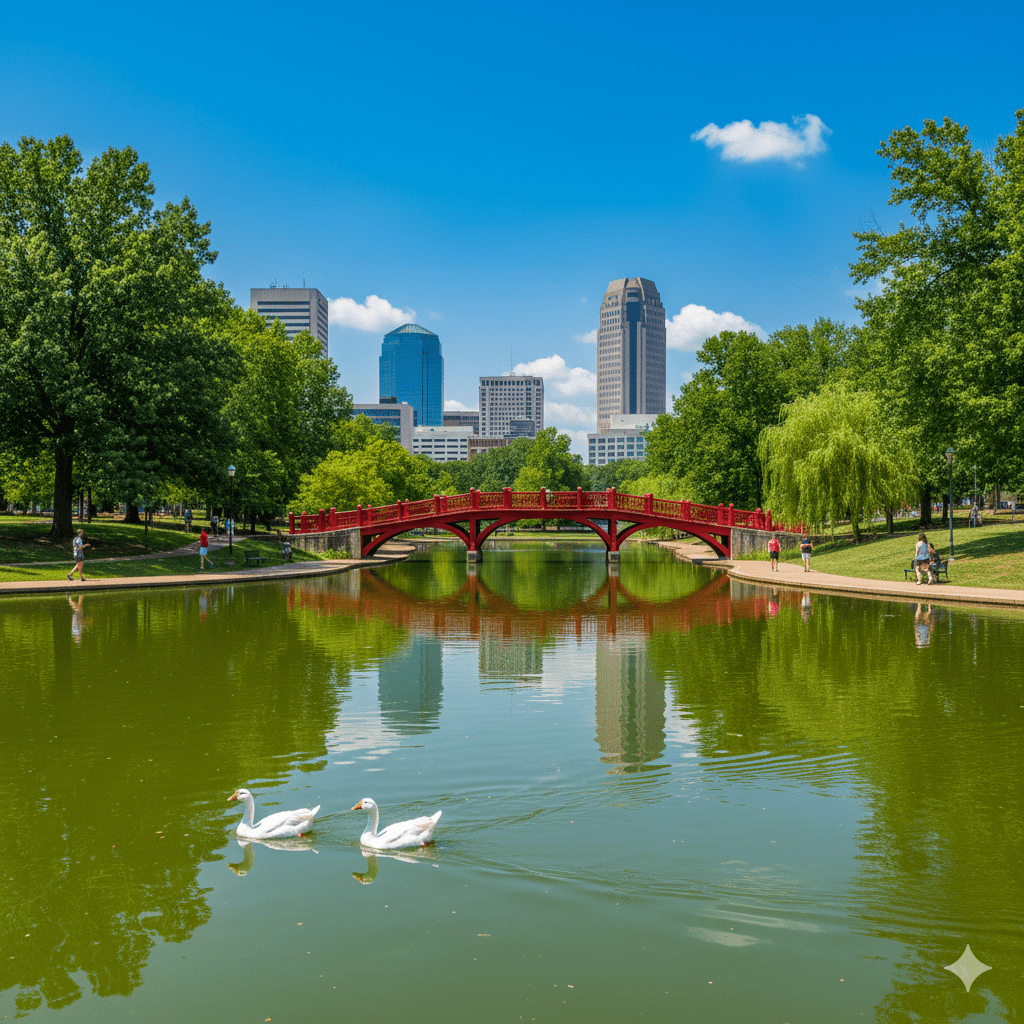 Two swans swim in a pond, red bridge in the background, city skyline, sunny day.