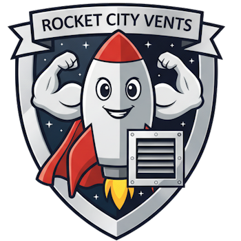 Logo: A smiling rocket with flexed arms, a vent, and the text "Rocket City Vents".