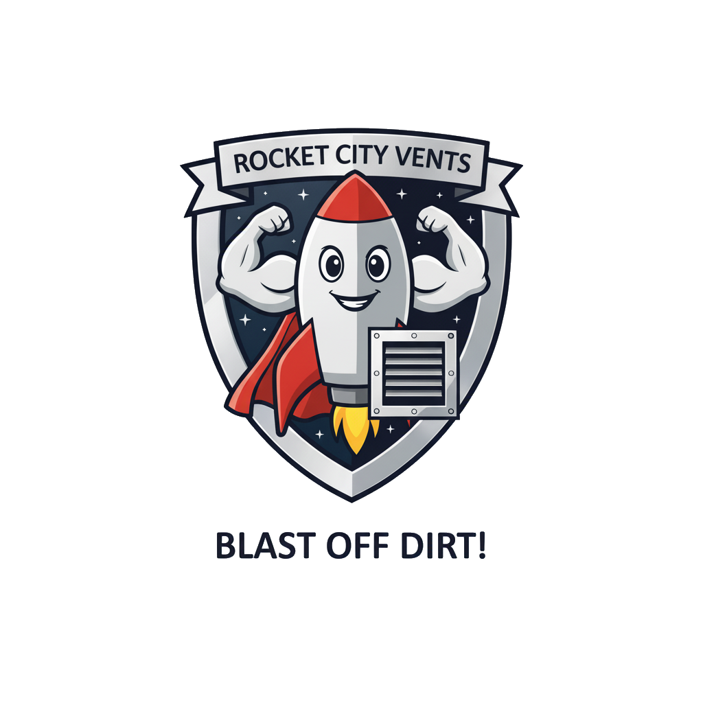 Logo: A smiling rocket with flexed arms, a vent, and the text 