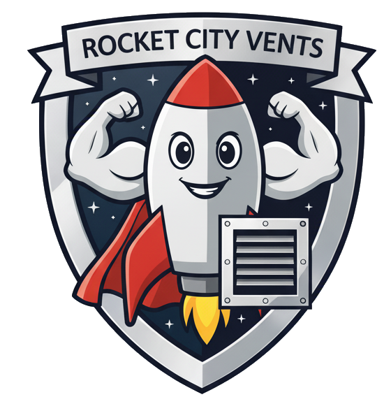 Logo: A smiling rocket with flexed arms, a vent, and the text 