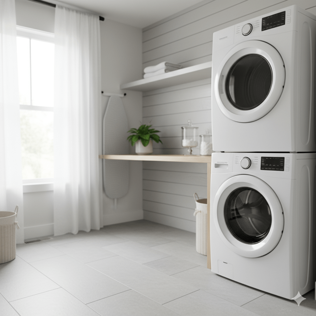 Laundry room with stacked white washer and dryer, shelf, and window with curtains.