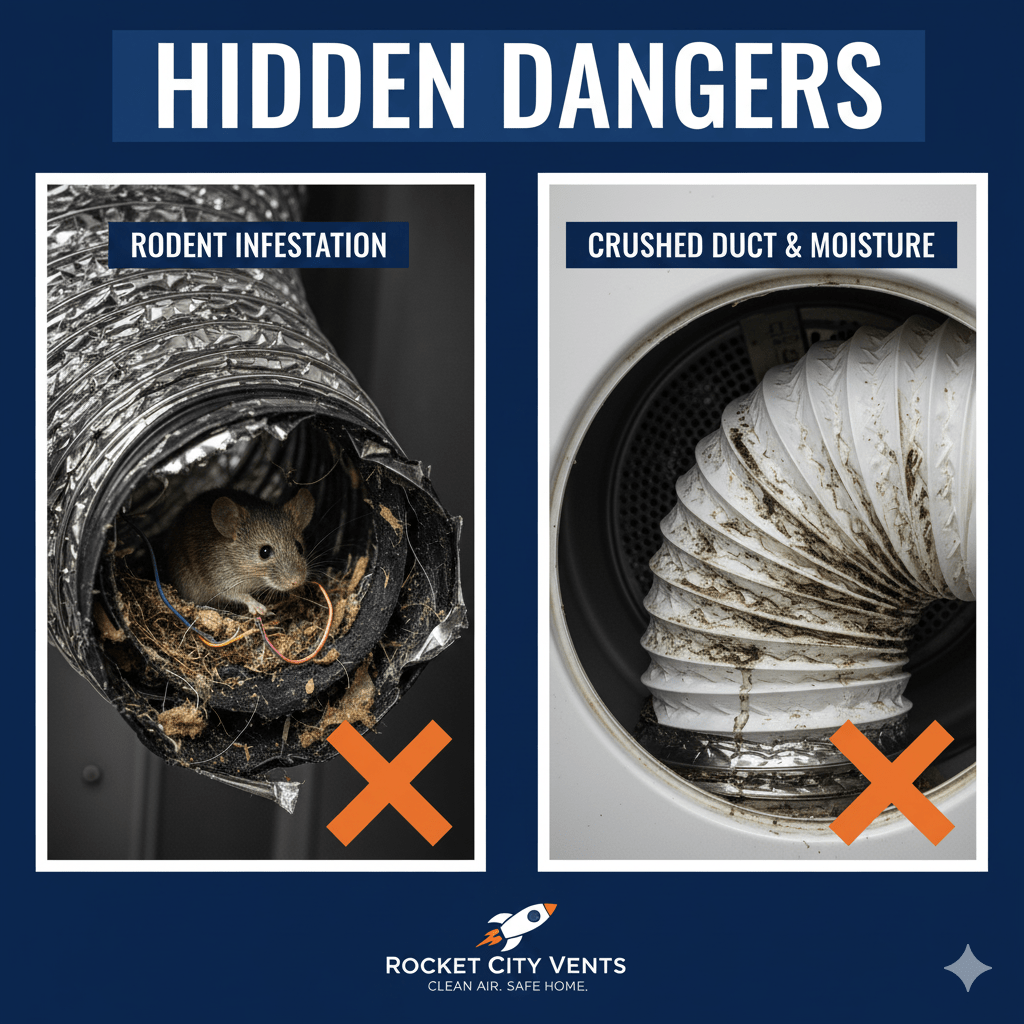 Dangers of dryer vents: rodent infestation and crushed duct with moisture.