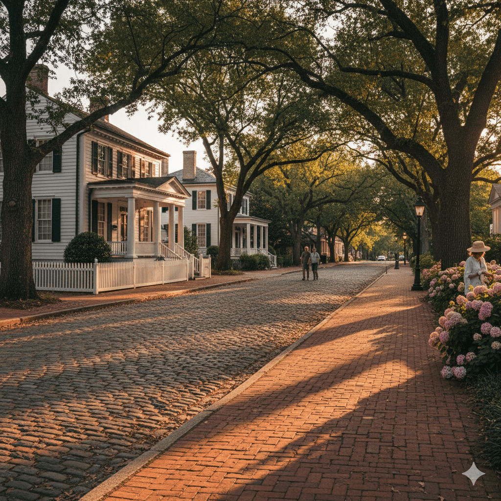 Cobblestone street lined with historic white houses, shaded by trees, with people strolling.