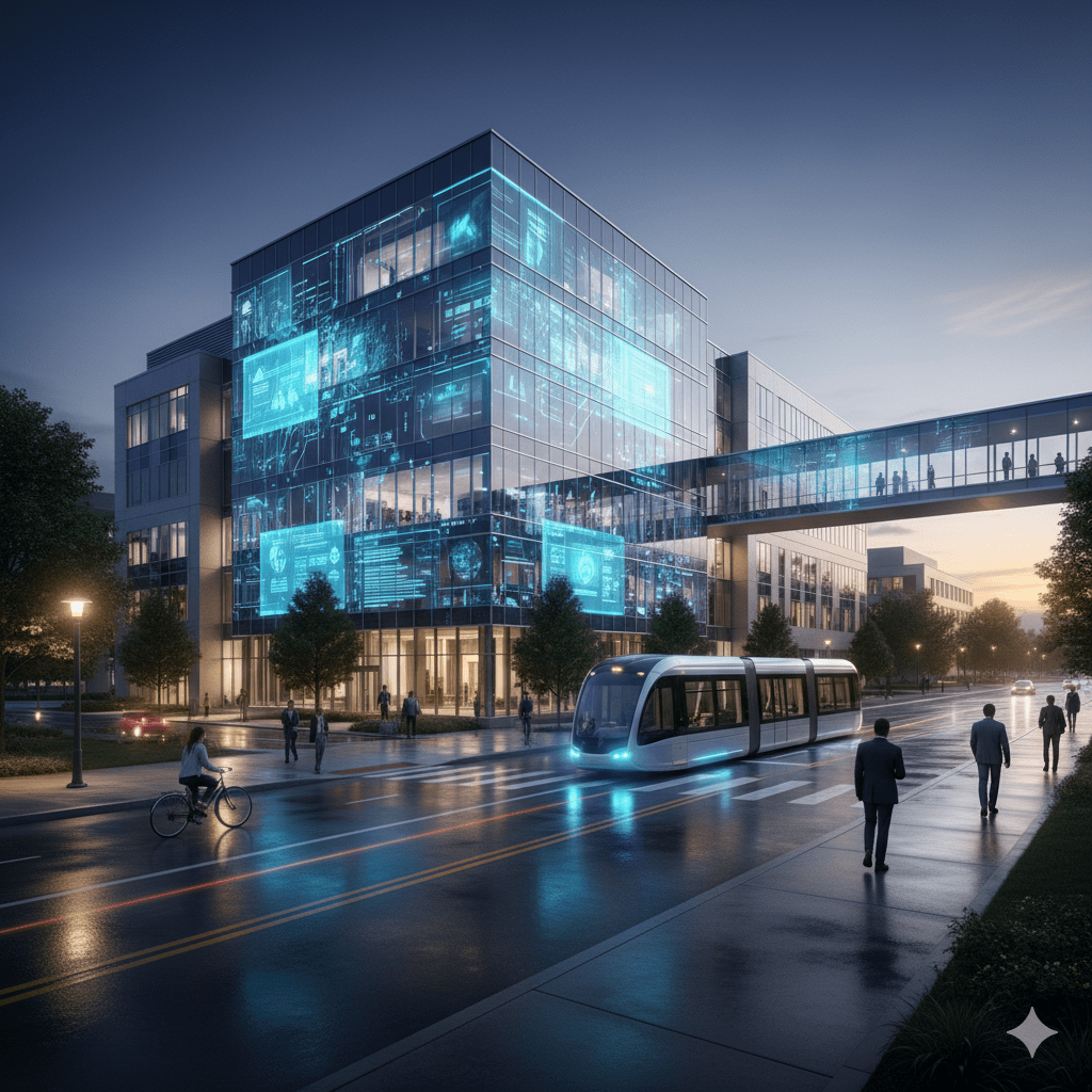 Modern building with glowing blue panels. A streetcar passes by pedestrians on the sidewalk and a cyclist. Dusk.