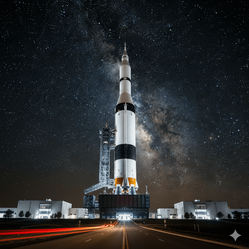 Saturn V rocket on launchpad against a starry night sky.