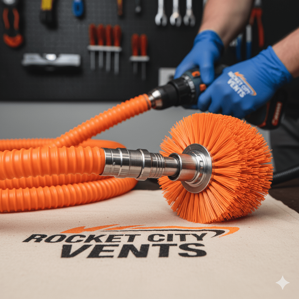 A person using a brush-equipped vent cleaning tool. The orange brush and hose are in focus.