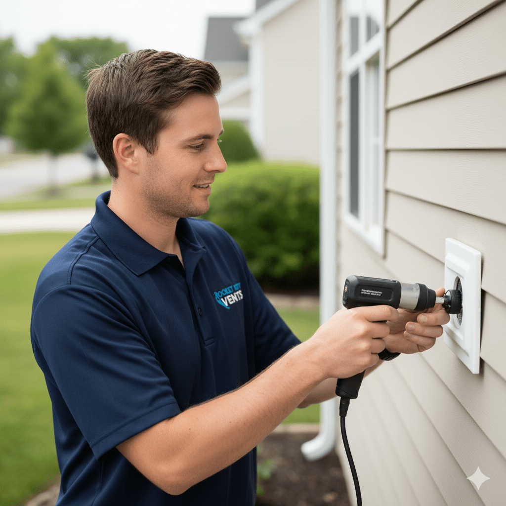 Man in blue shirt, using a drill on a wall vent, outdoors.
