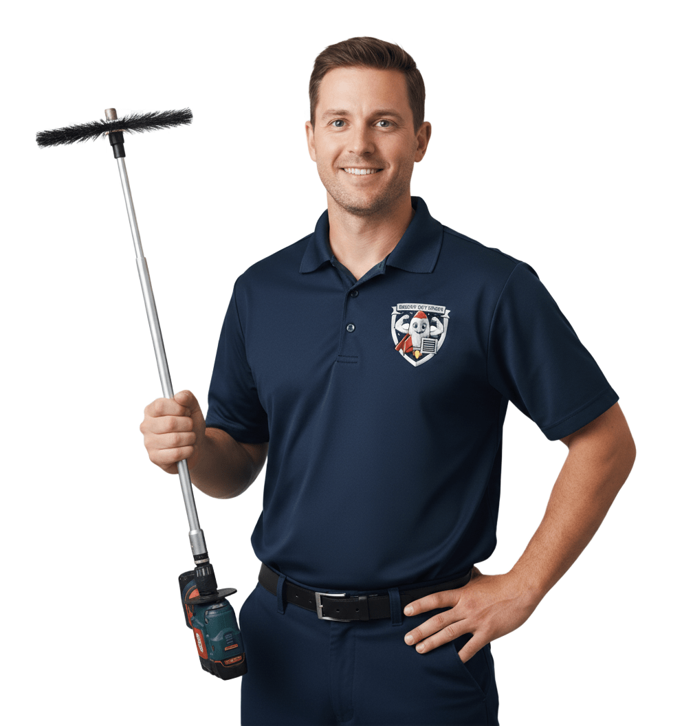Man in blue polo holding a tool, smiling.
