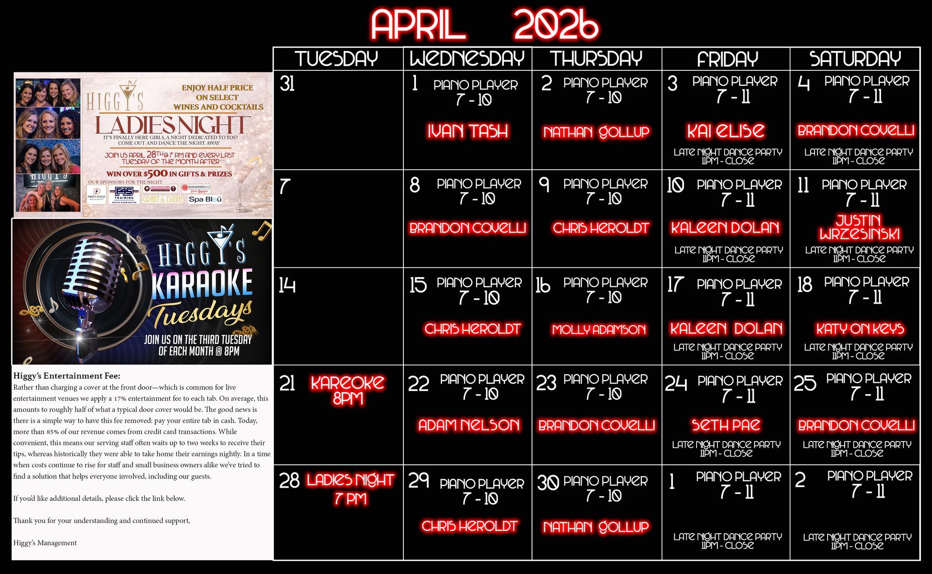 Calendar for April 2026, with Ladies Night & karaoke events, plus Happy Hour.