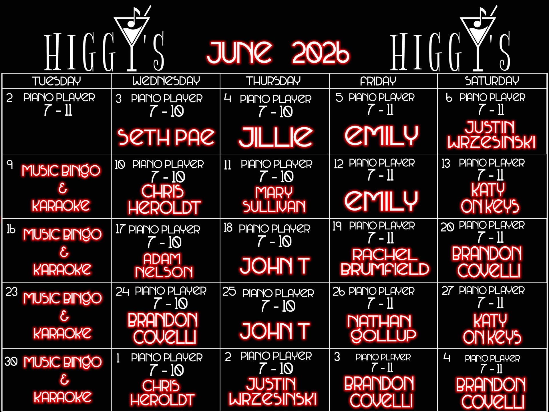 Calendar for April 2026, with Ladies Night & karaoke events, plus Happy Hour.