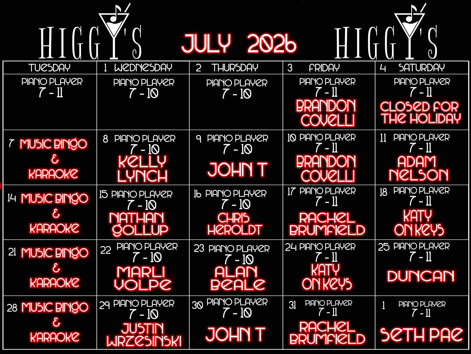Calendar for April 2026, with Ladies Night & karaoke events, plus Happy Hour.