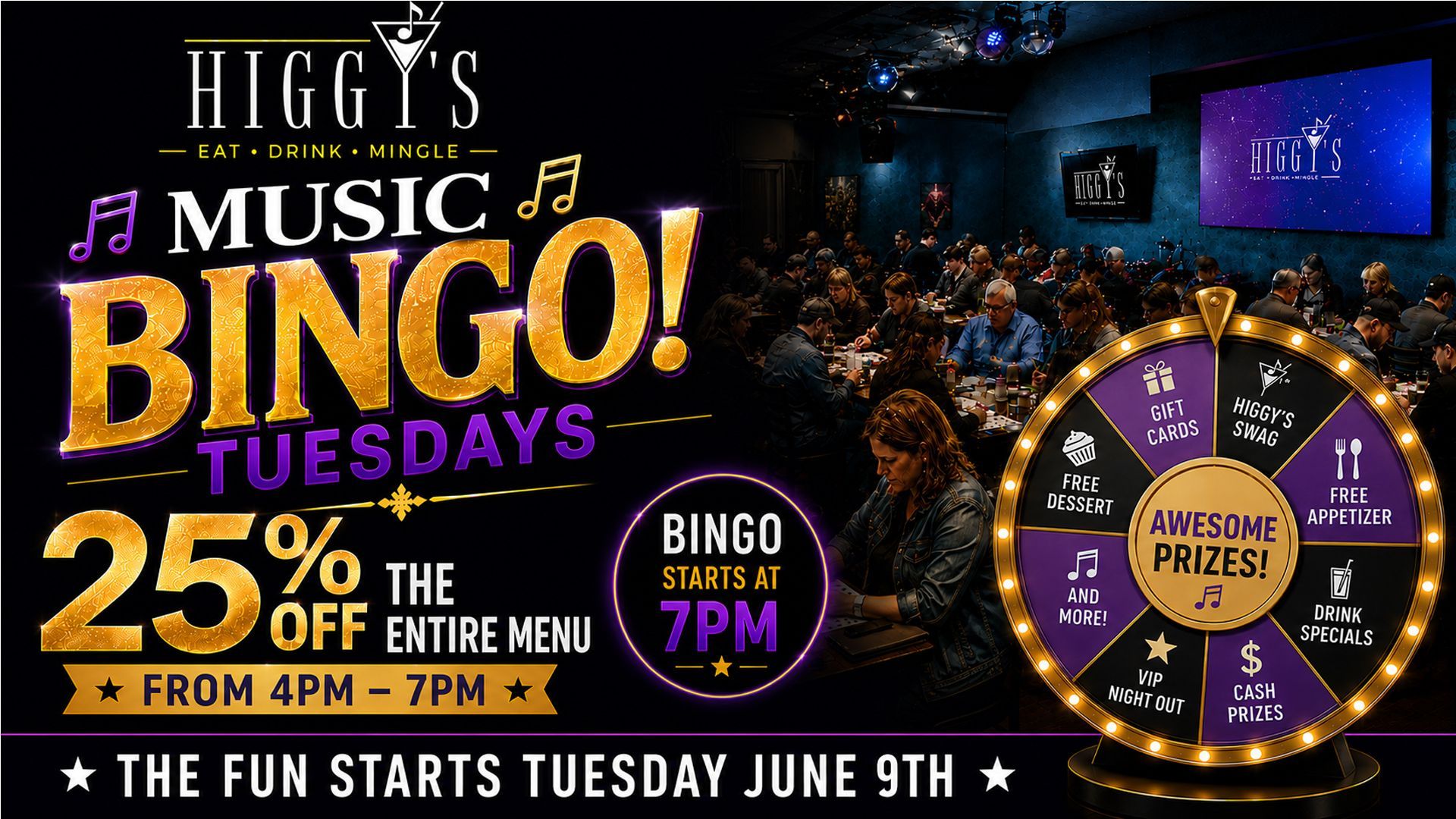 Higgy's Music Bingo Tuesdays promo with 25% off, 7pm bingo, and colorful bingo wheel on a dark background